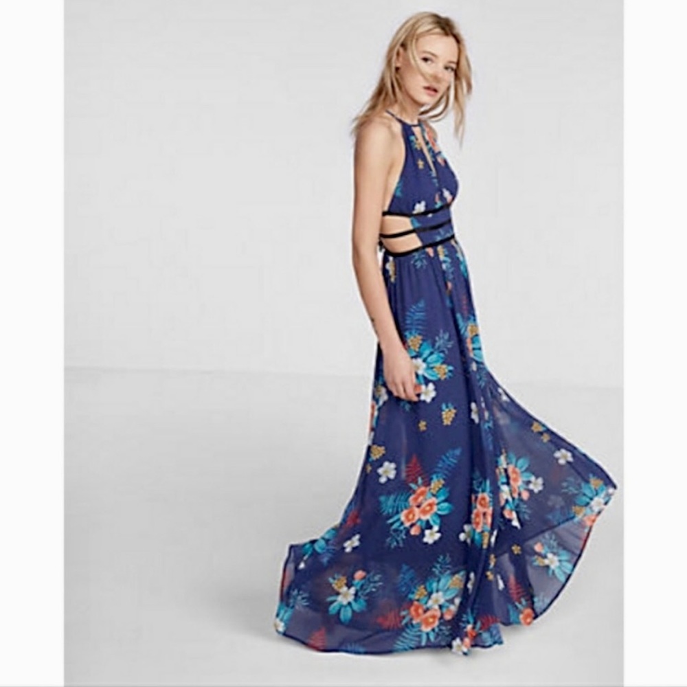 NWOT Express Floral Print Strappy Side Cut-Out Maxi Dress Sz L